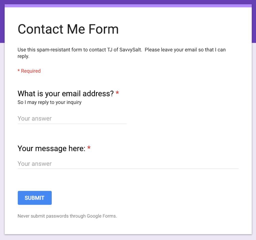 Spam Resistant Contact Me Link Using Google Forms